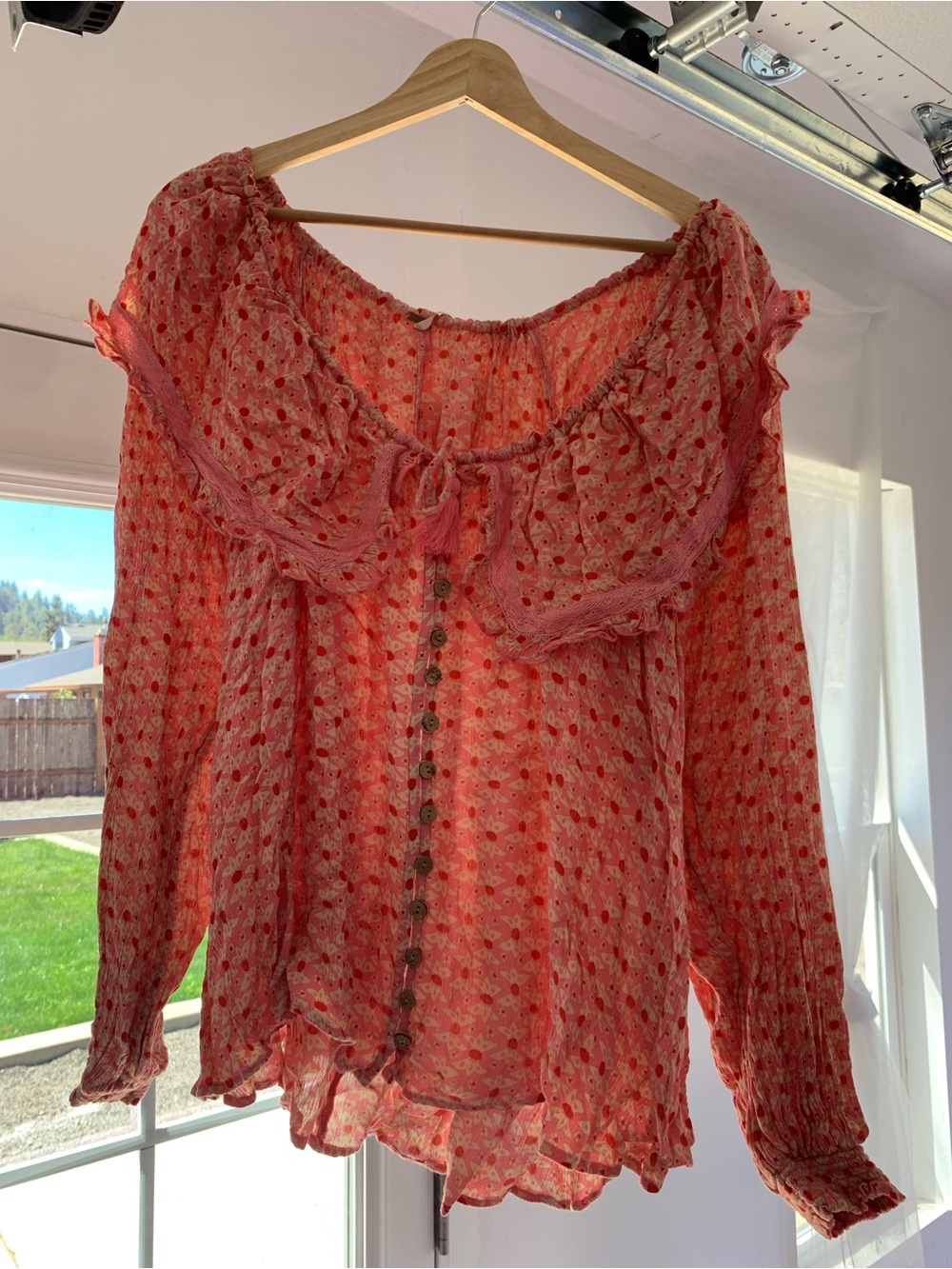 Free People Pink Floral Button-Front Ruffled Blouse